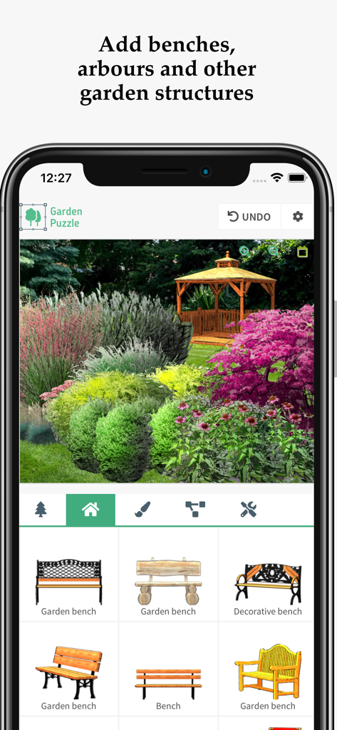 GardenPuzzle app interface for adding garden structures like benches and arbours to a landscape design