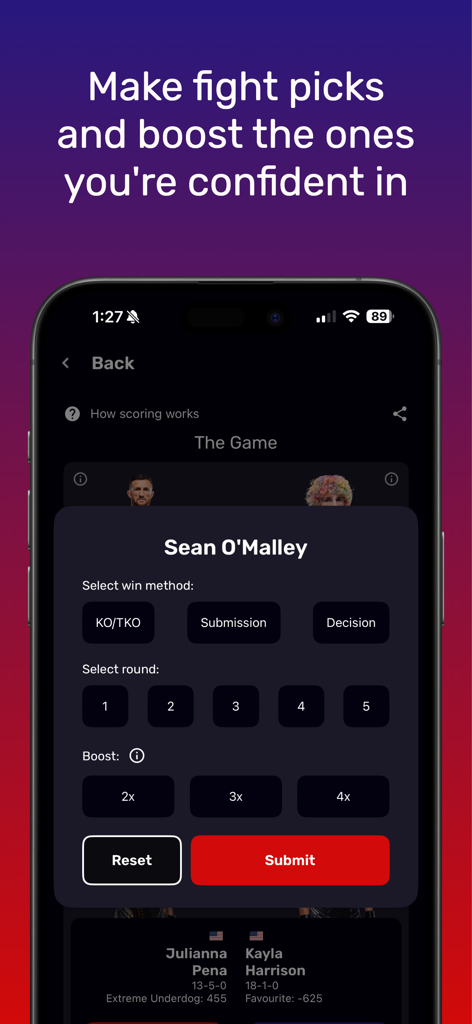 MMA Fantasy - MMA Fantasy app interface showing fight pick selection options for win method and round.