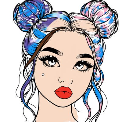 realistic girl with two buns on her hair and lips