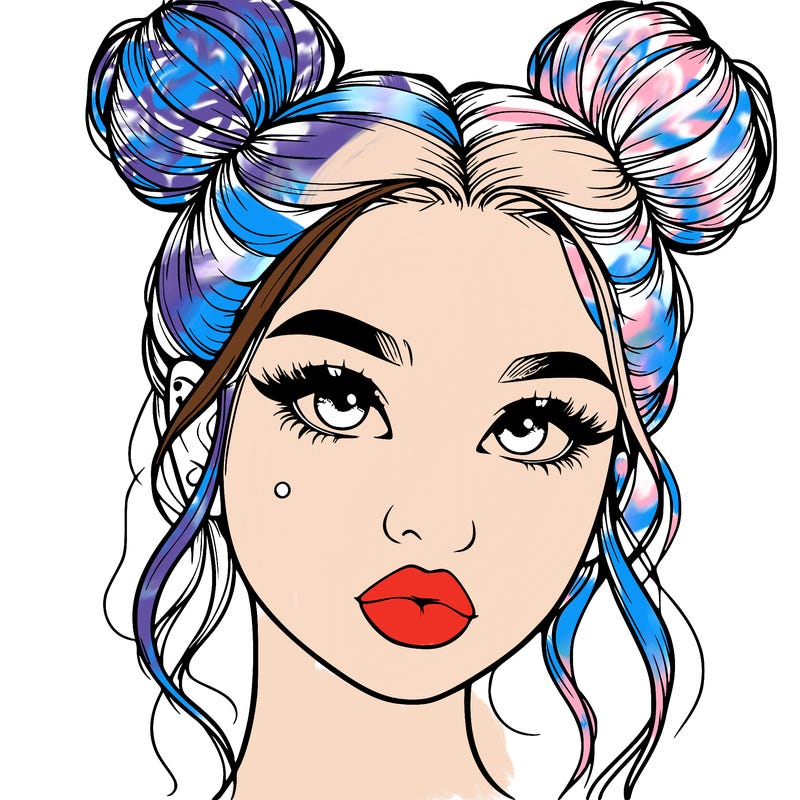 realistic girl with two buns on her hair and lips