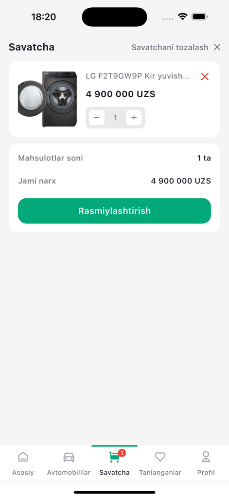 Markab - Shopping cart screen of the Markab app showing an LG washing machine and checkout button in Uzbek