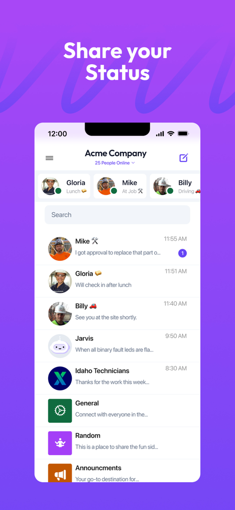 Airwave - Push To Talk (PTT) - A mobile app interface showing team member statuses and a list of group and individual chats for field workers