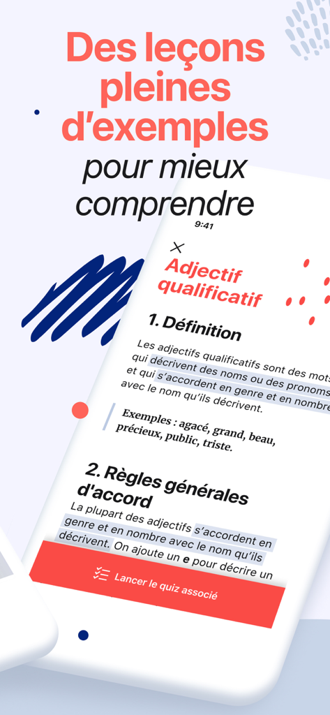 Orthographe : cours et quiz - 形容詞に関するフランス語文法レッスンのインターフェース。定義とルールが表示されています。