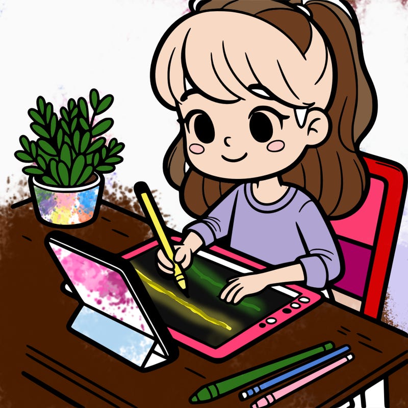 girl at desk on tablet drawing on it