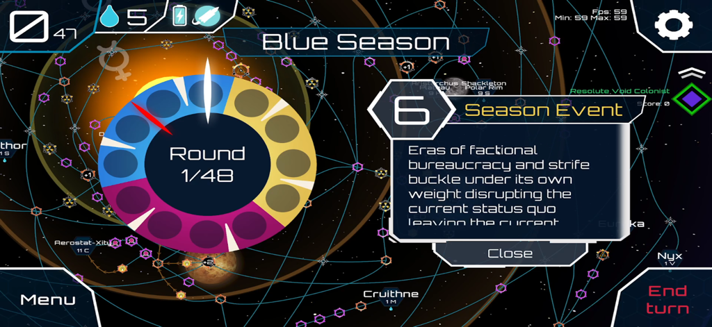 Gameplay interface of High Frontier 4 All showing a season event window and orbital trajectory map