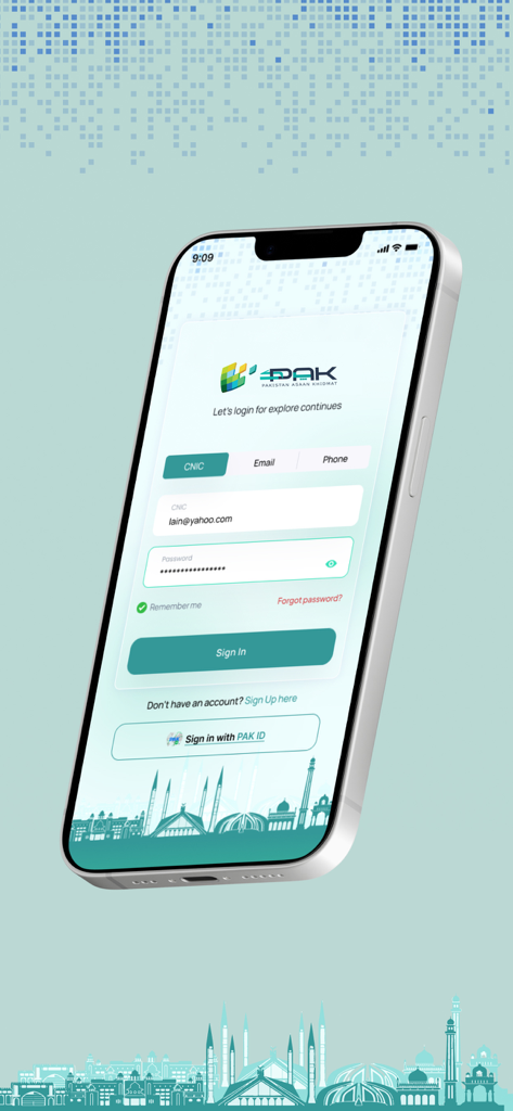 PAK App - Tela de login do aplicativo PAK com opções de autenticação por CNIC, e-mail e telefone