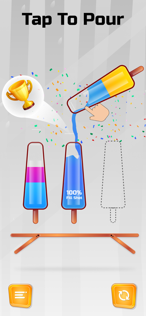 Jogabilidade do Water Sort Puzzle mostrando líquido sendo despejado em garrafas de picolé com confete.