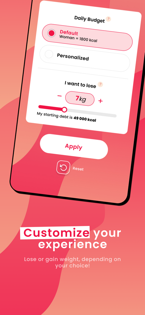 Le Secret Du Poids - 毎日のカロリー予算と減量目標をパーソナライズするための設定を表示するモバイル画面。