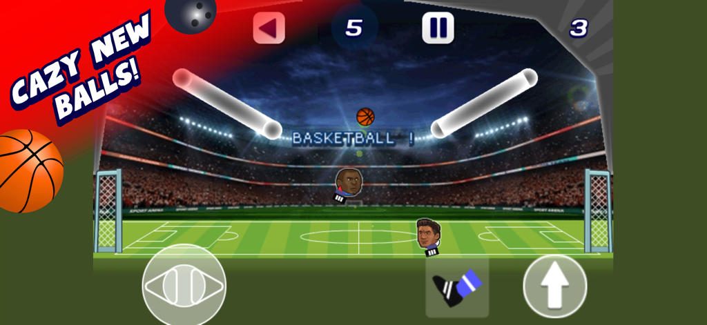 Soccer Heads Football Game - Gameplay screenshot of Soccer Heads Football Game showing a basketball power up during a match