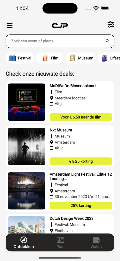 CJP mobile app screen showing cultural deals for cinema museum and festivals with search bar and categories