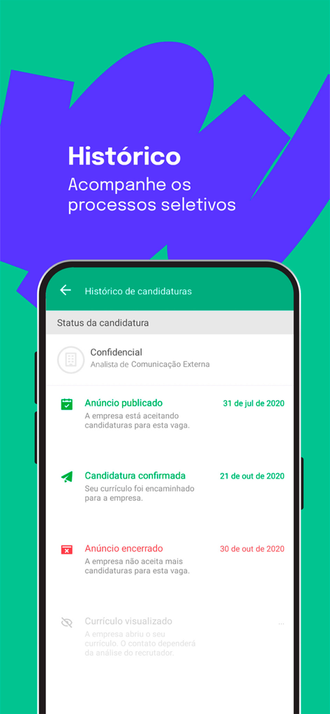 Vagas de Emprego - Vagas.com - Tela do aplicativo móvel mostrando o histórico e o acompanhamento de status das candidaturas a vagas em português