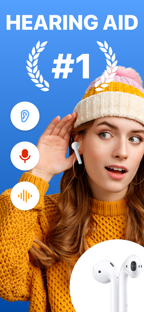 Hearing Aid app & Amplifier - Woman wearing AirPods and a beanie using the Hearing Aid app for sound amplification