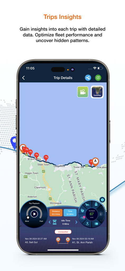 Amber Fleet Connect app interface showing detailed trip insights with map route and vehicle performance analytics