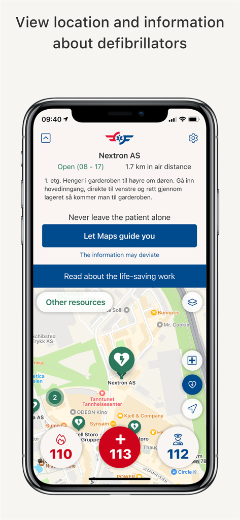 Hjelp 113 app interface showing an interactive map with defibrillator locations and emergency call buttons