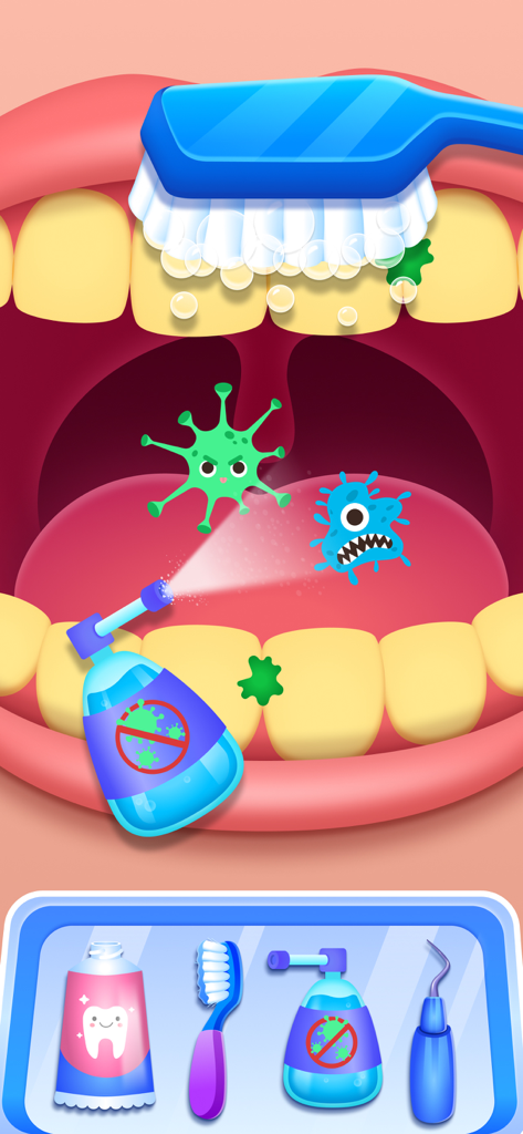 Dentist Baby Games for Kids - Un juego de dentista colorido para niños que muestra un cepillo de dientes y spray siendo utilizados para limpiar los dientes y eliminar gérmenes de la boca de un personaje