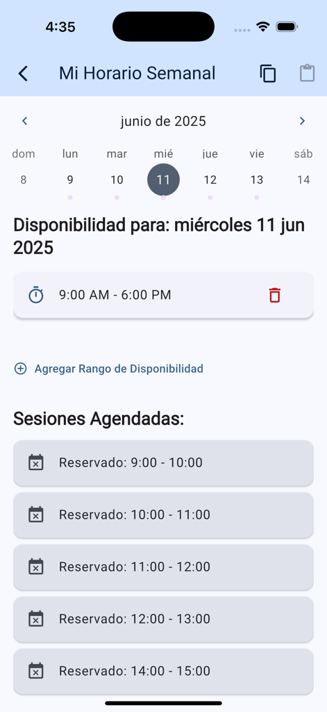 Interfaz de la aplicación móvil FitSharp que muestra un horario semanal con franjas horarias de citas y gestión de disponibilidad