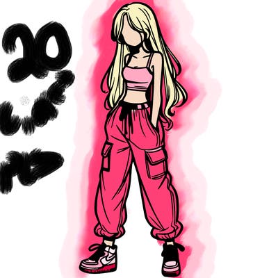 girl in baggy pants crop top and long hair