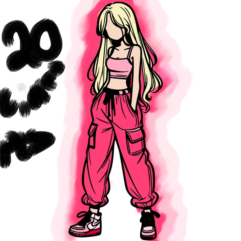 girl in baggy pants crop top and long hair