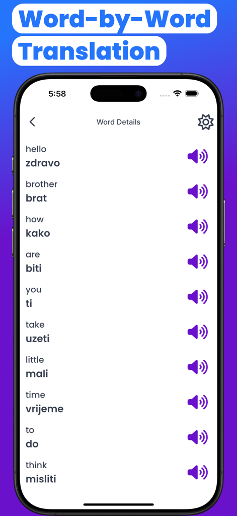 Croatian-English Translator - A mobile app screen showing a list of English words translated into Croatian with speaker icons for audio pronunciation.