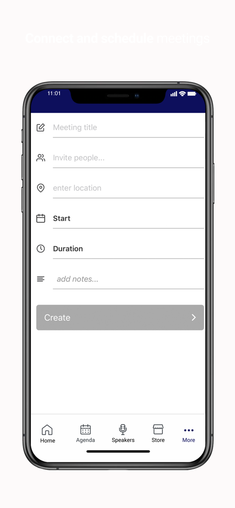 SII Events App - Mobile screen of the SII Events App displaying a meeting creation form to schedule networking sessions during the event