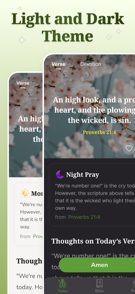 DailyBible Lite - KJV Version - Interface of DailyBible Lite app showing light and dark mode themes for Bible reading and devotions