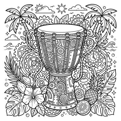 Embark on a creative journey with this one-of-a-kind coloring page, blending the rhythmic energy of a djembe drum with intricate steampunk design. Set against a vibrant summer vacation backdrop, this illustration invites you to infuse tropical delight with retro-futuristic charm.