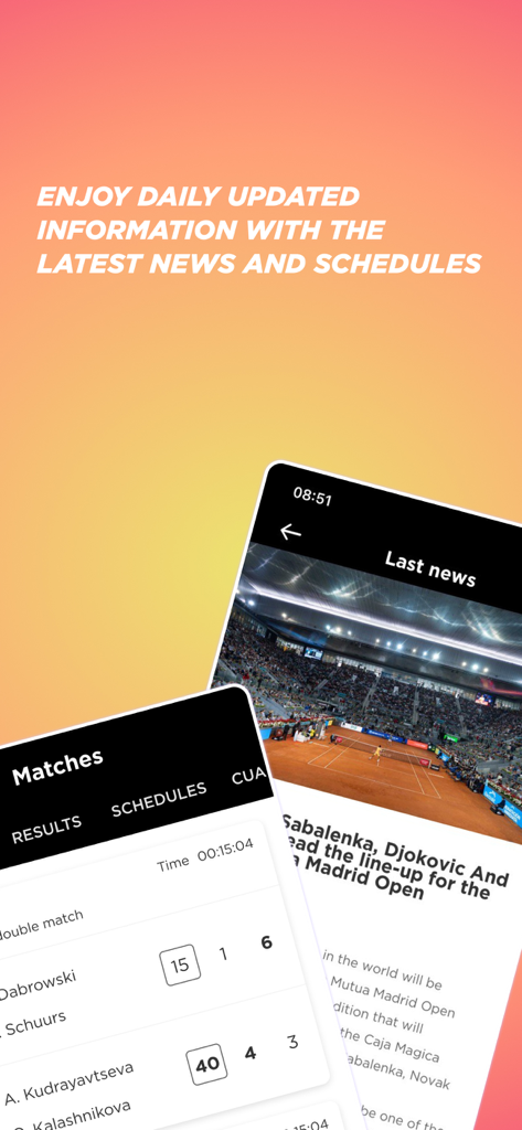 Mutua Madrid Open - Mutua Madrid Open mobile app screens showing latest news and live tennis match scores