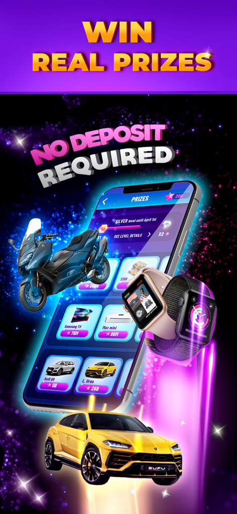 Captura de pantalla de la aplicación Bingo Money mostrando premios reales que incluyen un coche de lujo y relojes inteligentes con un mensaje de sin depósito requerido