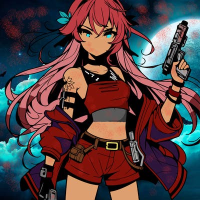 bad girl wearing crop top holding a gun long hair anime