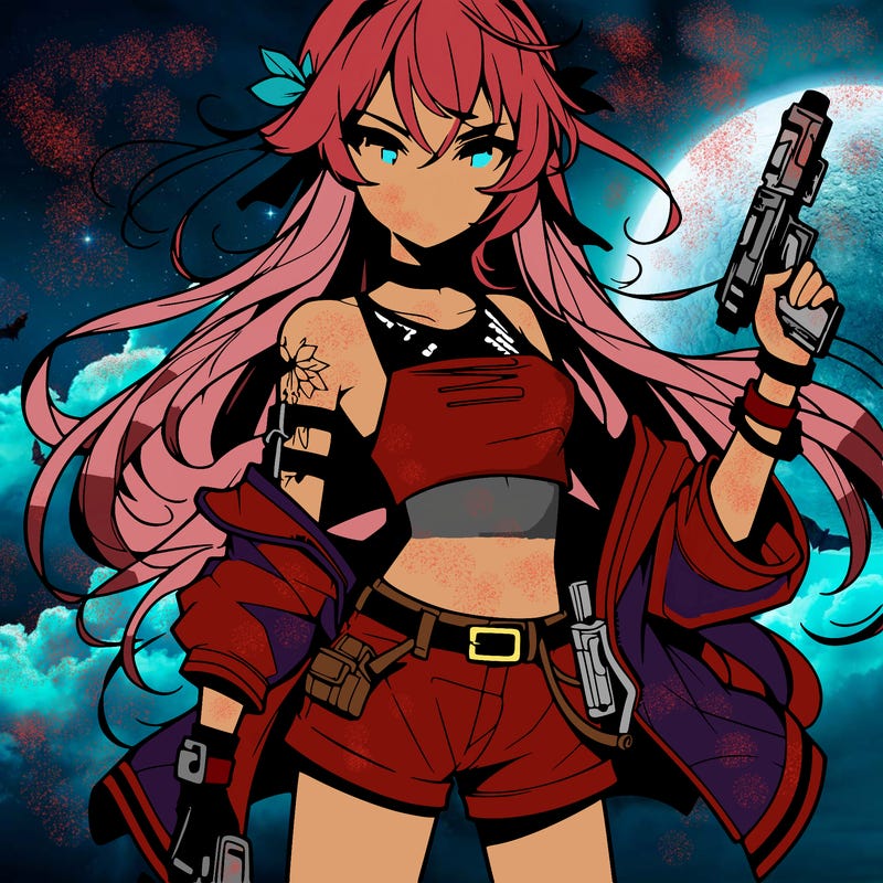 bad girl wearing crop top holding a gun long hair anime