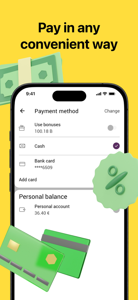 Alfa: Taxi & Cab Ride Cyprus - Alfa taxi app payment options screen showing cash and bank card selection.
