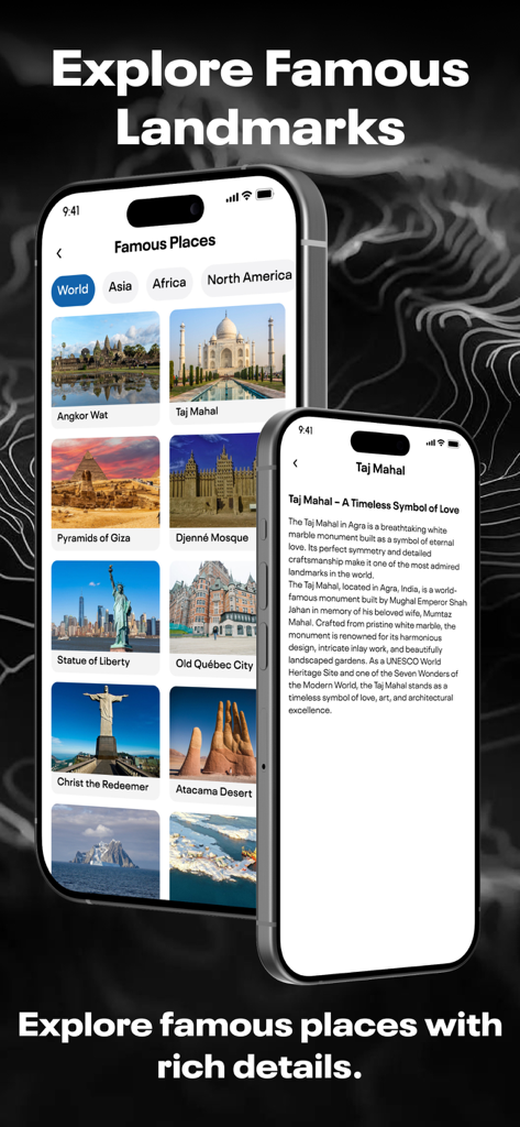 Instant Google Street View Map - Earth3Dアプリのインターフェース。タージ・マハルの世界的なランドマークと歴史的な詳細を紹介しています。