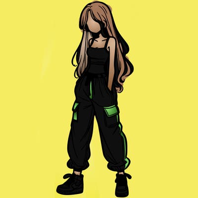 girl in baggy pants crop top and long hair