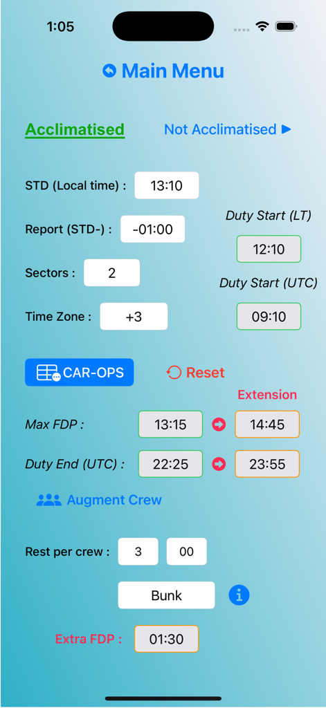 FDPme app interface for calculating pilot flight duty periods and augmented crew rest times