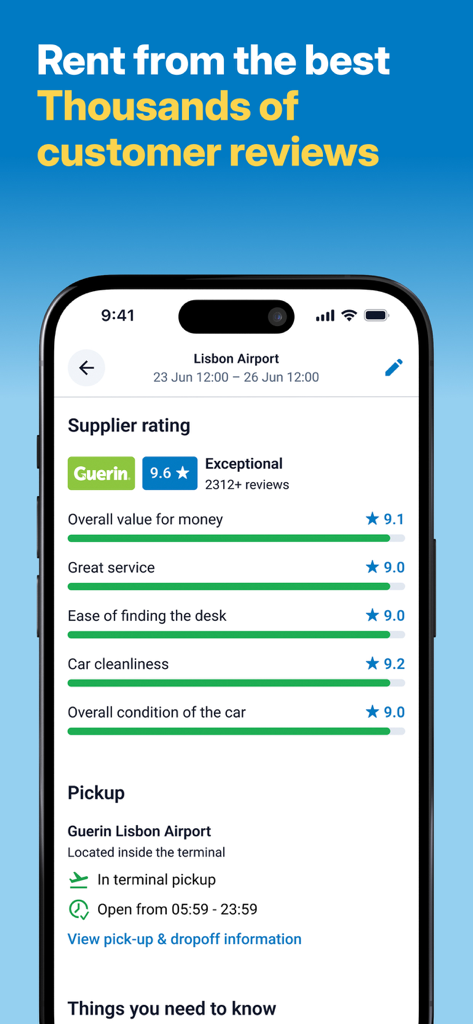 DiscoverCars－Car Rental & Hire - DiscoverCars app displaying detailed customer ratings and reviews for a rental car supplier
