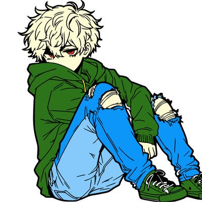 a male hoddie ripped jeans messy hair anime