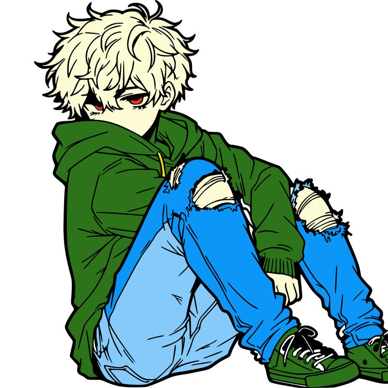 a male hoddie ripped jeans messy hair anime