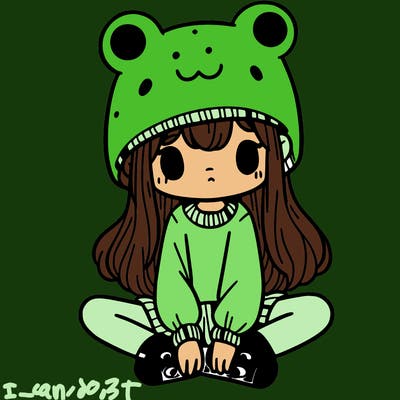 a girl wearing a frog hat and some frog socks