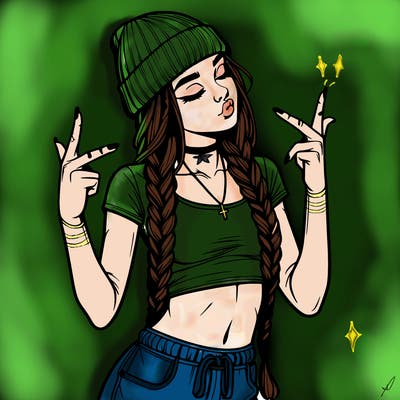 realistic teenage girl with braids and a beanie and crop top doing 🫶🏼
