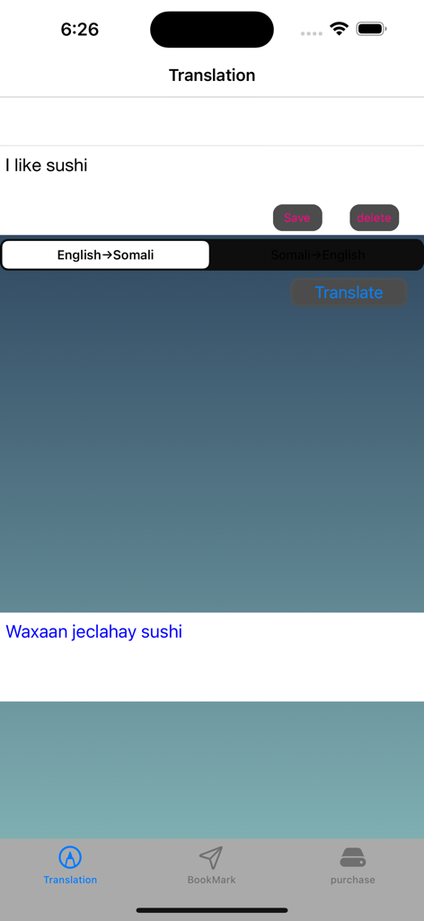 English to Somali Translator - Traduction anglais-somali de la phrase 'I like sushi' dans une application mobile