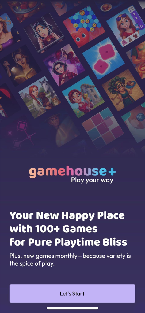 Intro screen for gamehouse plus app showing a collage of casual games and a welcome message