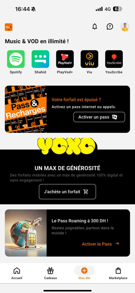 Max it – Maroc - Interface de l'application Max it Maroc affichant les services mobiles et les offres de forfaits d'itinérance