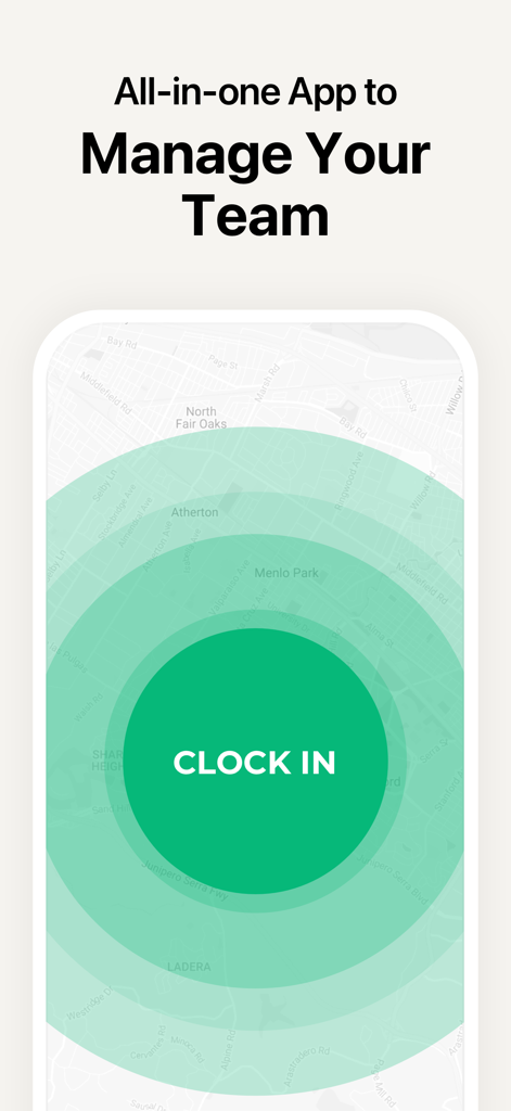 Atto - Time Clock & Scheduling - Smartphone screen showing the Atto app with a large green clock in button over a map.