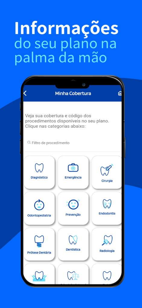 Pantalla de la aplicación móvil Odontoprev que muestra categorías de cobertura del plan dental y opciones de búsqueda de procedimientos.