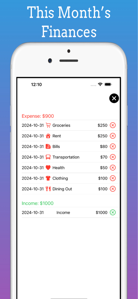 Budget App , Expense Tracker - Interfaz que muestra las categorías de gastos mensuales y el resumen de ingresos en la App de Presupuesto