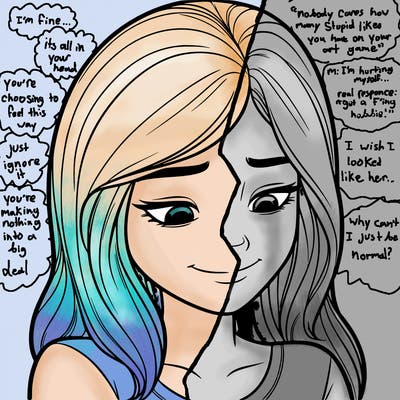 a realistic teenage girl with a small smile looking down