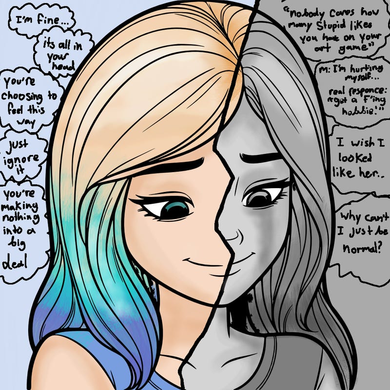 a realistic teenage girl with a small smile looking down