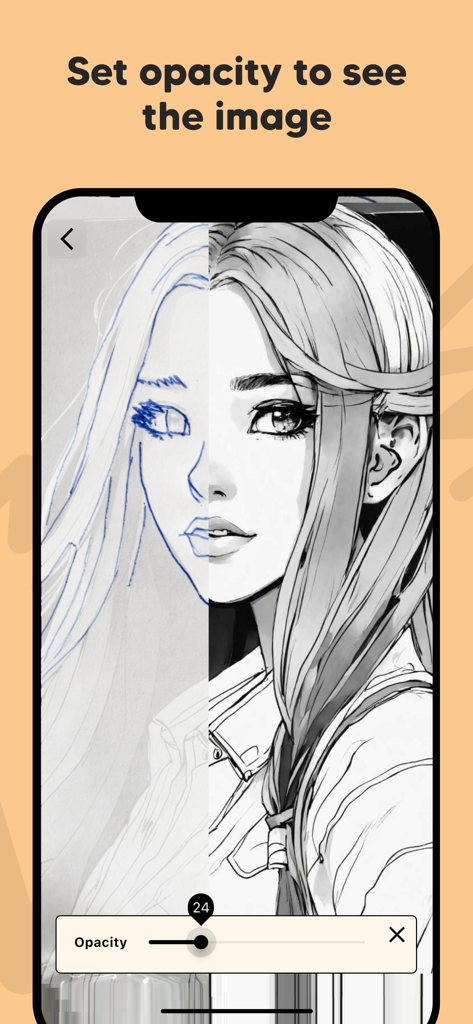 A smartphone screen showing an opacity slider to adjust a portrait image for tracing and sketching