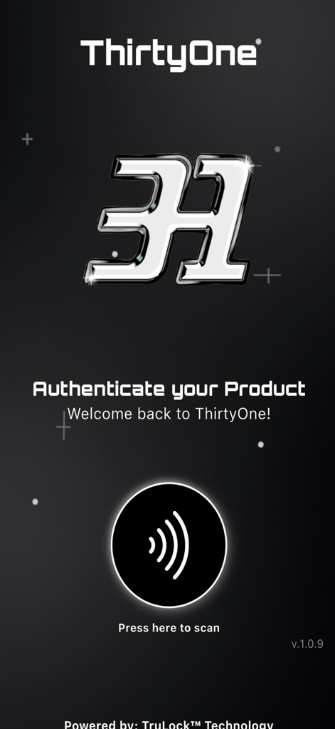 ThirtyOne Hats - ThirtyOne Hats app interface for product authentication with a scan button