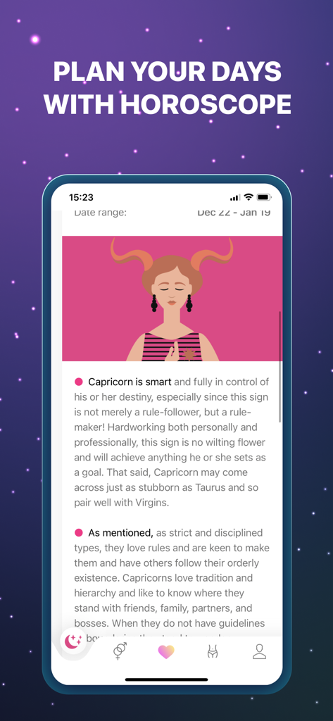 Smartphone screen showing a Capricorn horoscope description and character illustration in the Star app